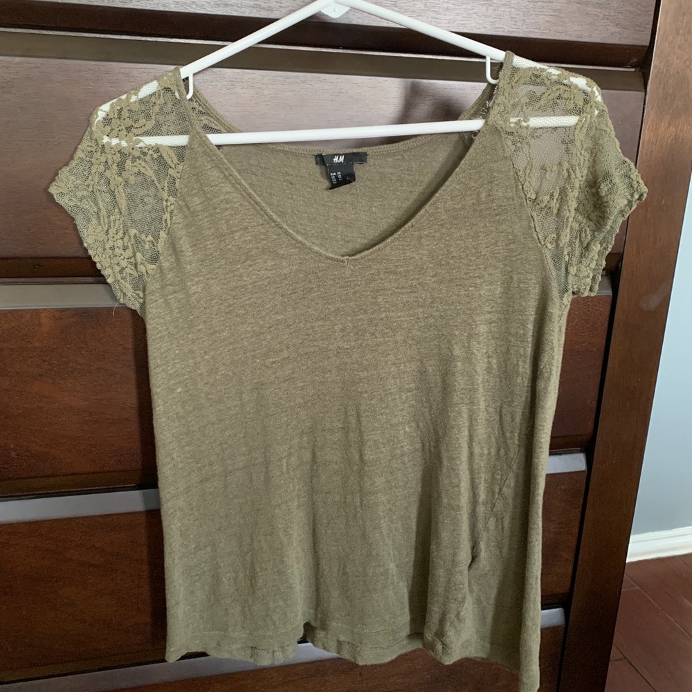Army green v-neck with lace shoulders
